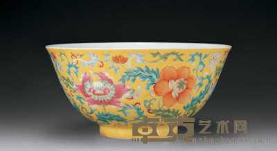清咸丰 黄地粉彩花卉碗 直径14.6cm